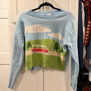 Scenic Blue Sweater with Van Design